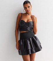 Cameo Rose Black Leather-Look High Waist Tiered Mini Skirt